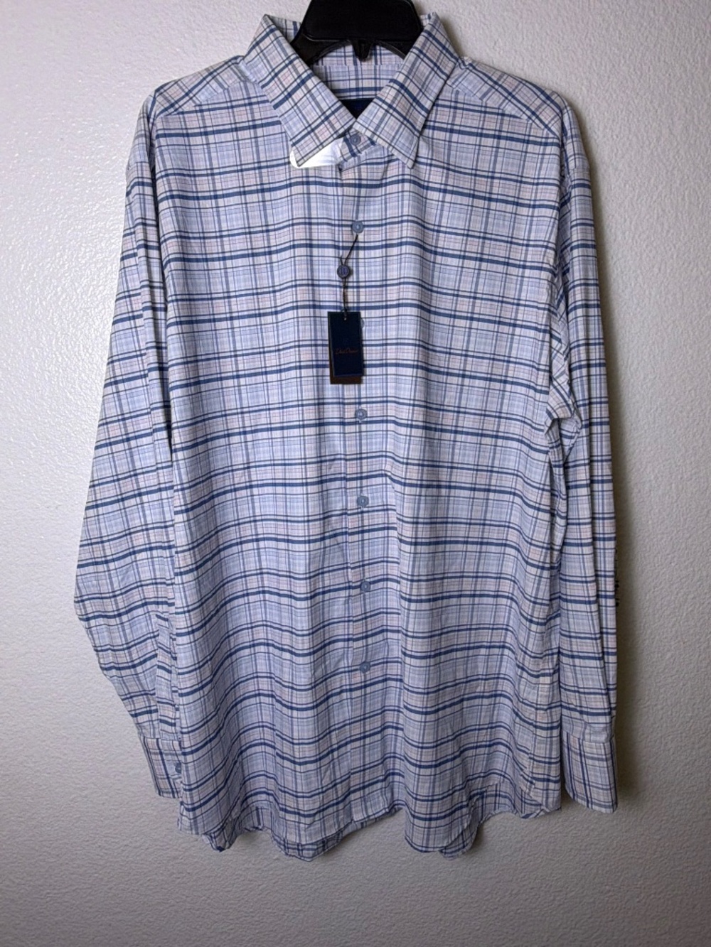 David Donahue Men's Blue and White Plaid Button-Up Shirt. Sz XL.